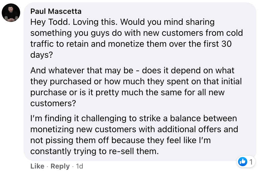 Screenshot of a Marketing question from inside the MFA Nation Facebook Group